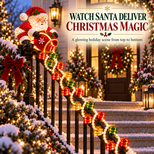 ✨🎁 Santa Magic Gift Cascade Light – Illuminated Railing Christmas Decoration