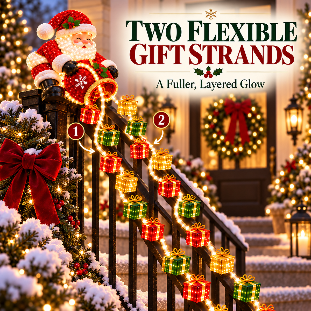 ✨🎁 Santa Magic Gift Cascade Light – Illuminated Railing Christmas Decoration