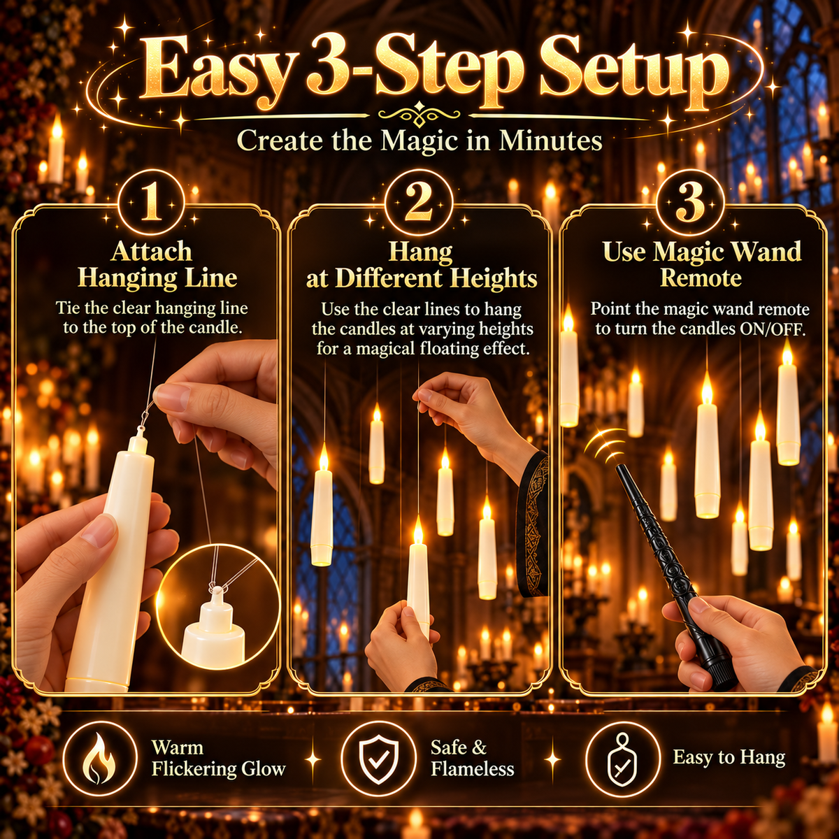 🪄 Floating LED Candles with Magic Wand Remote – Flameless Hanging Decor
