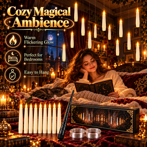 🪄 Floating LED Candles with Magic Wand Remote – Flameless Hanging Decor