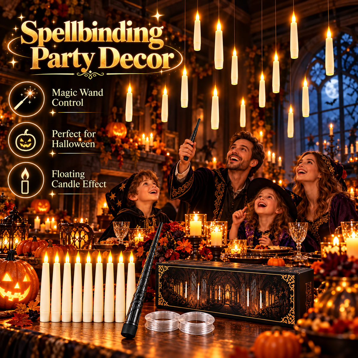 🪄 Floating LED Candles with Magic Wand Remote – Flameless Hanging Decor
