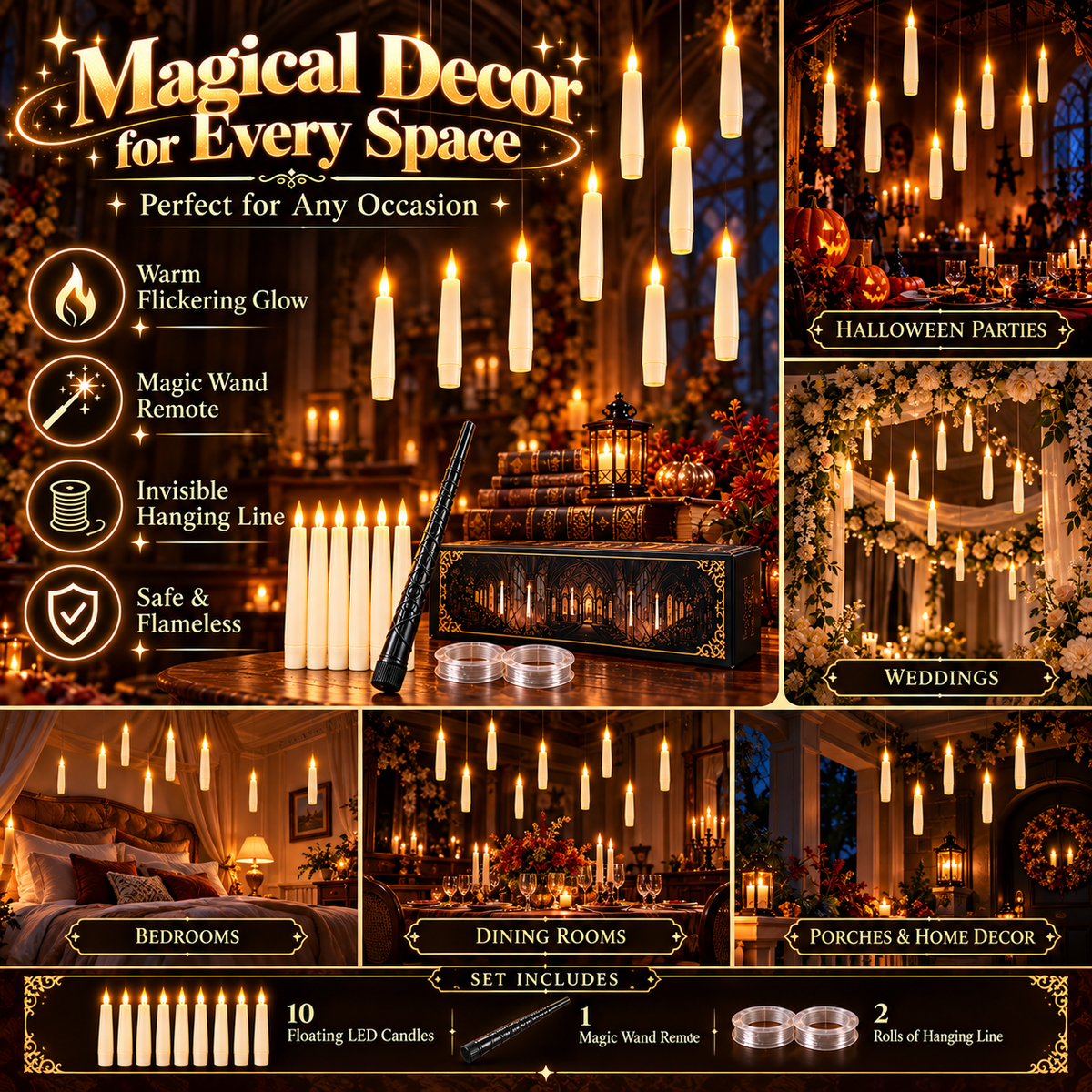🪄 Floating LED Candles with Magic Wand Remote – Flameless Hanging Decor