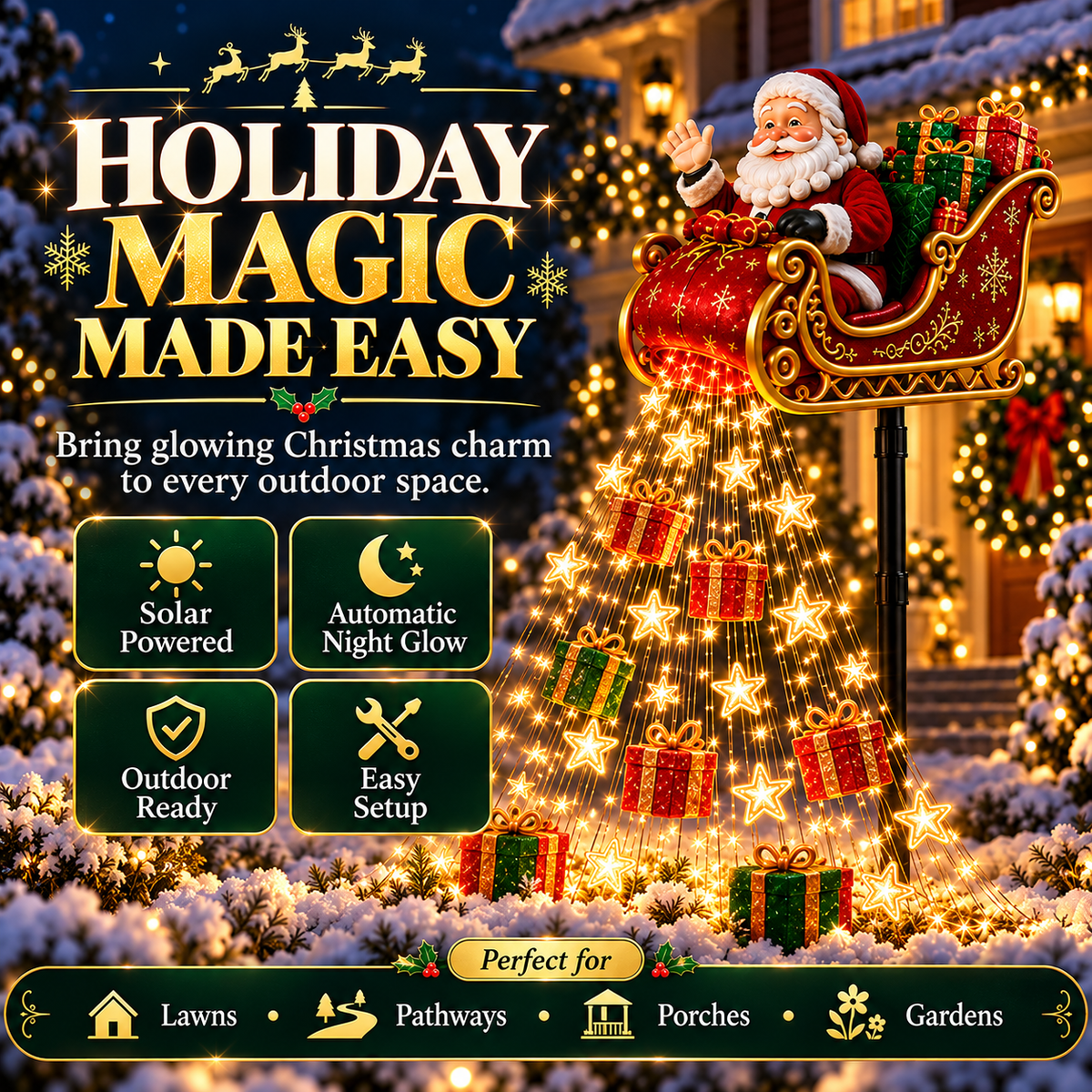 🎅✨ 2026 New Santa’s Flying Sleigh Gift Cascade – Solar Christmas Garden Light