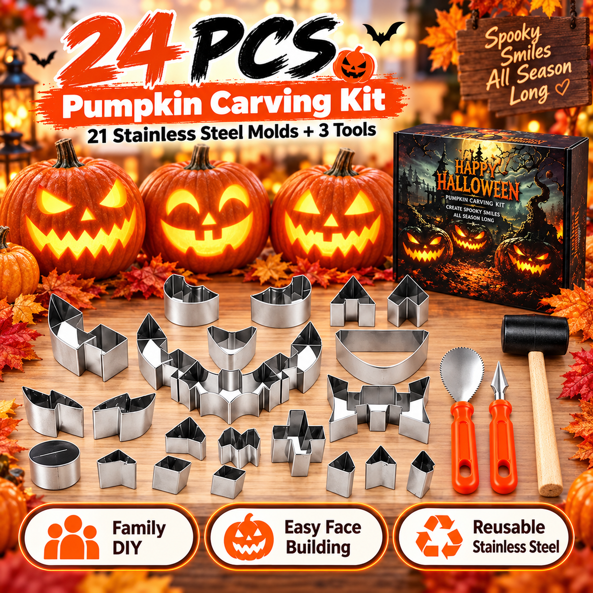 🎃24-Piece Halloween Pumpkin Carving Kit – Family DIY Set