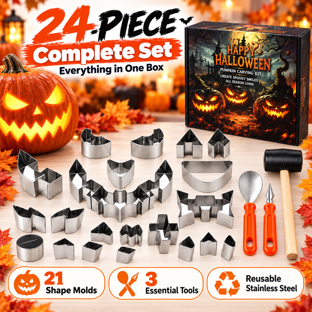 🎃24-Piece Halloween Pumpkin Carving Kit – Family DIY Set