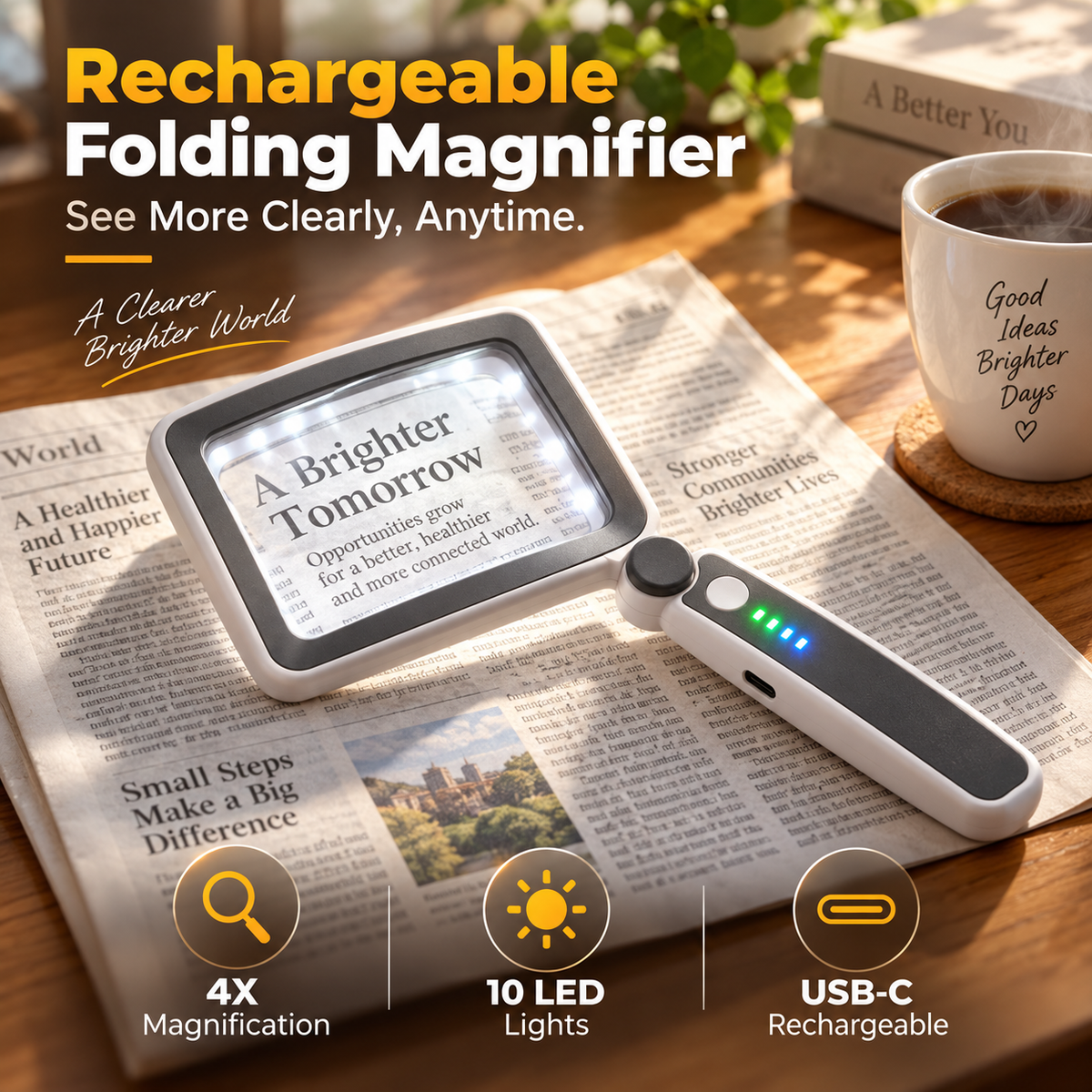 Folding Handheld Magnifying Glass with 10 LED Lights for Reading