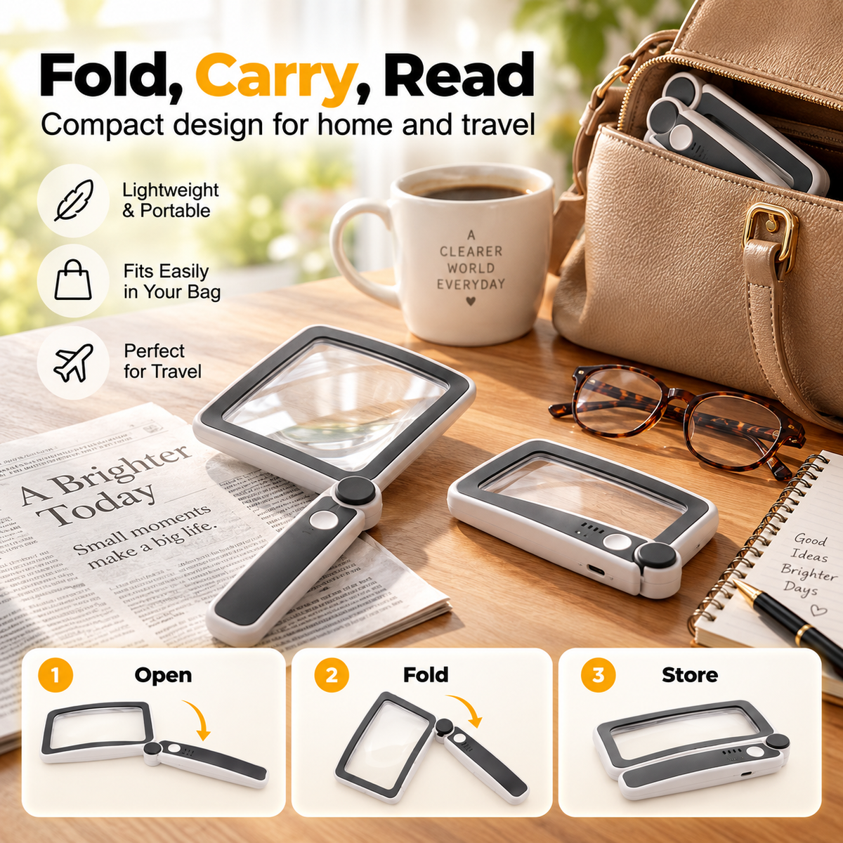 Folding Handheld Magnifying Glass with 10 LED Lights for Reading
