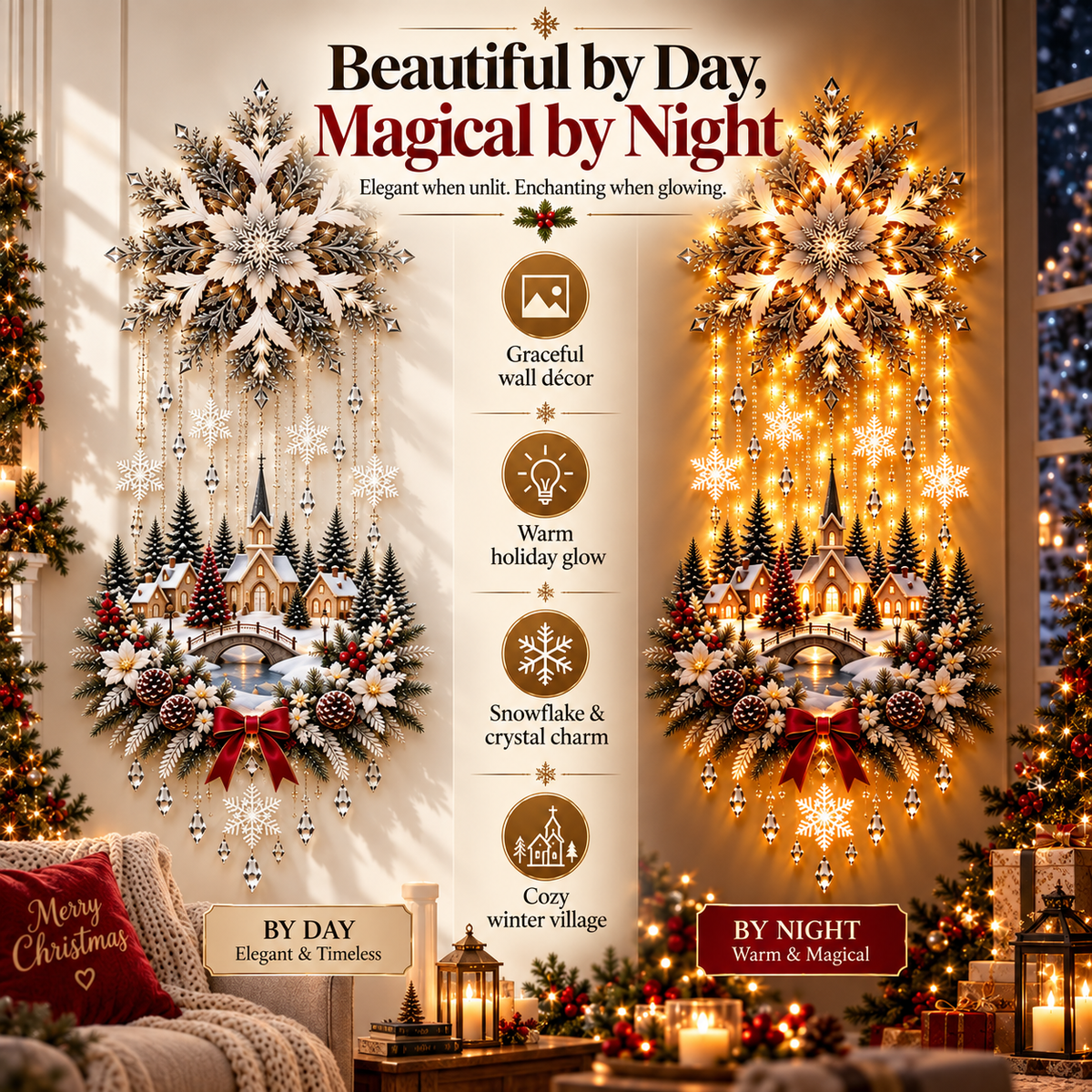 🎄 Christmas Snowflake Cascading Wall Light – Warm White Winter Village Decor ✨