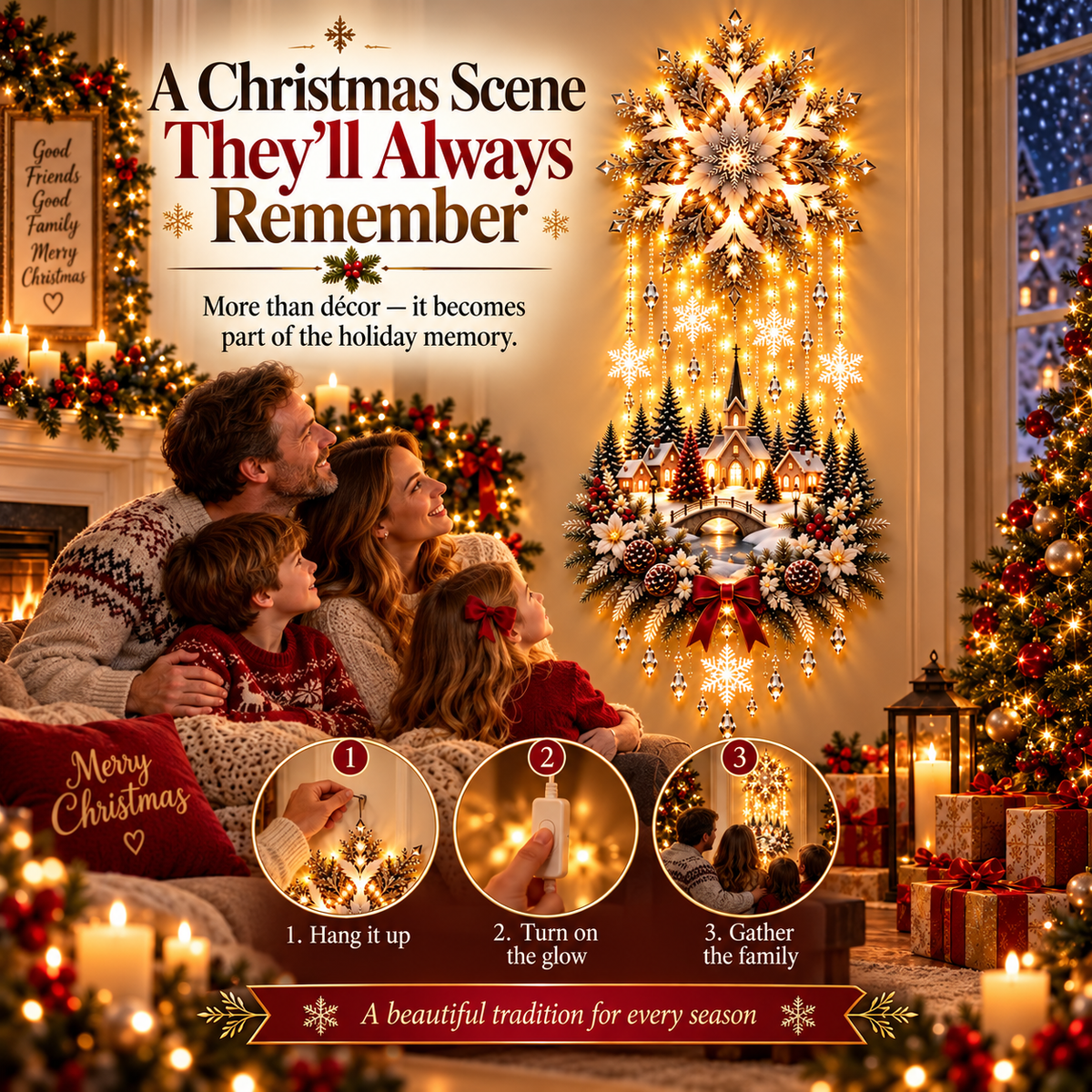 🎄 Christmas Snowflake Cascading Wall Light – Warm White Winter Village Decor ✨
