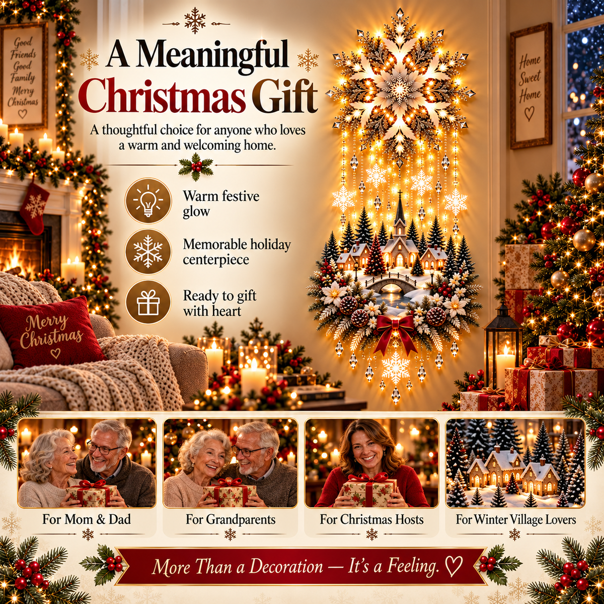 🎄 Christmas Snowflake Cascading Wall Light – Warm White Winter Village Decor ✨