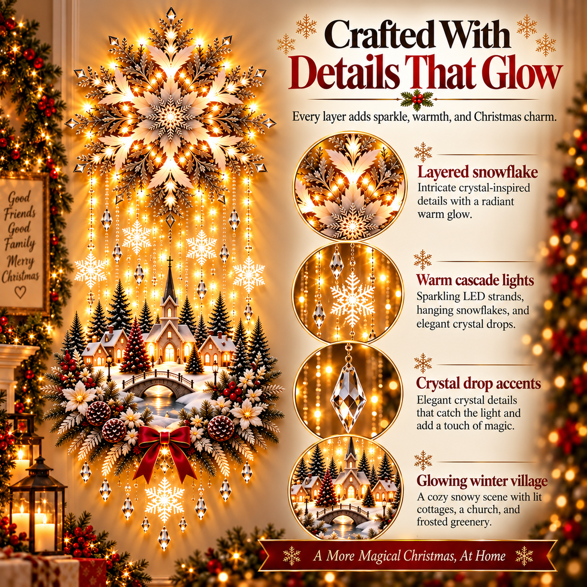 🎄 Christmas Snowflake Cascading Wall Light – Warm White Winter Village Decor ✨