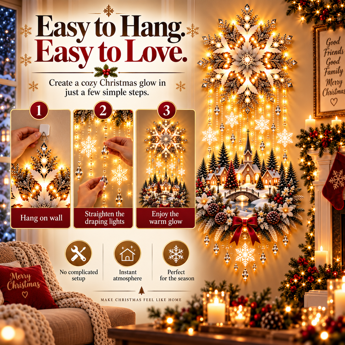 🎄 Christmas Snowflake Cascading Wall Light – Warm White Winter Village Decor ✨