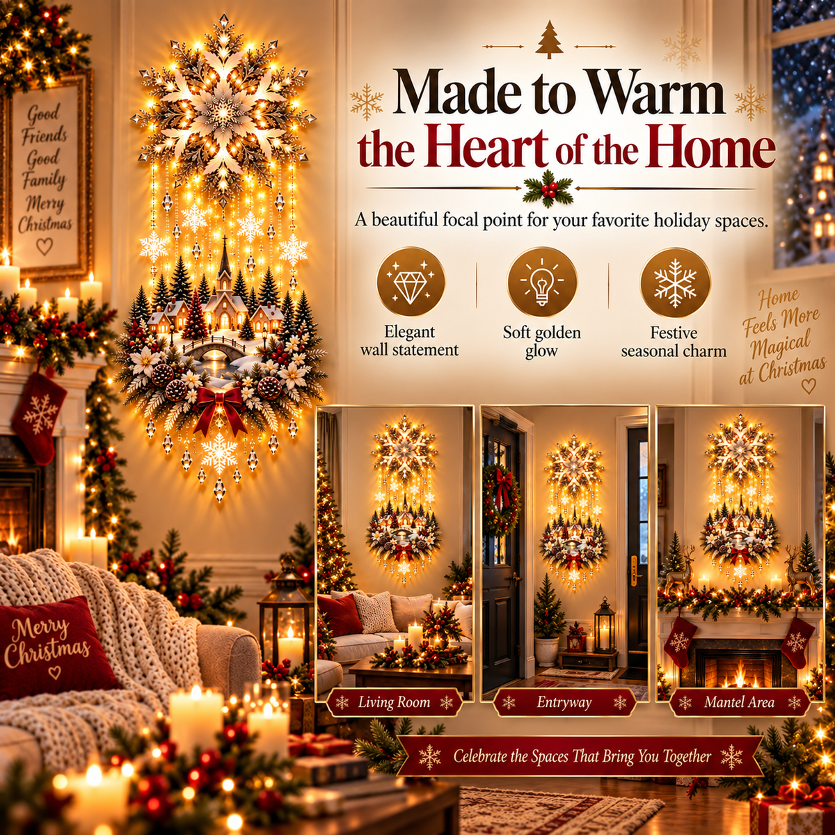 🎄 Christmas Snowflake Cascading Wall Light – Warm White Winter Village Decor ✨
