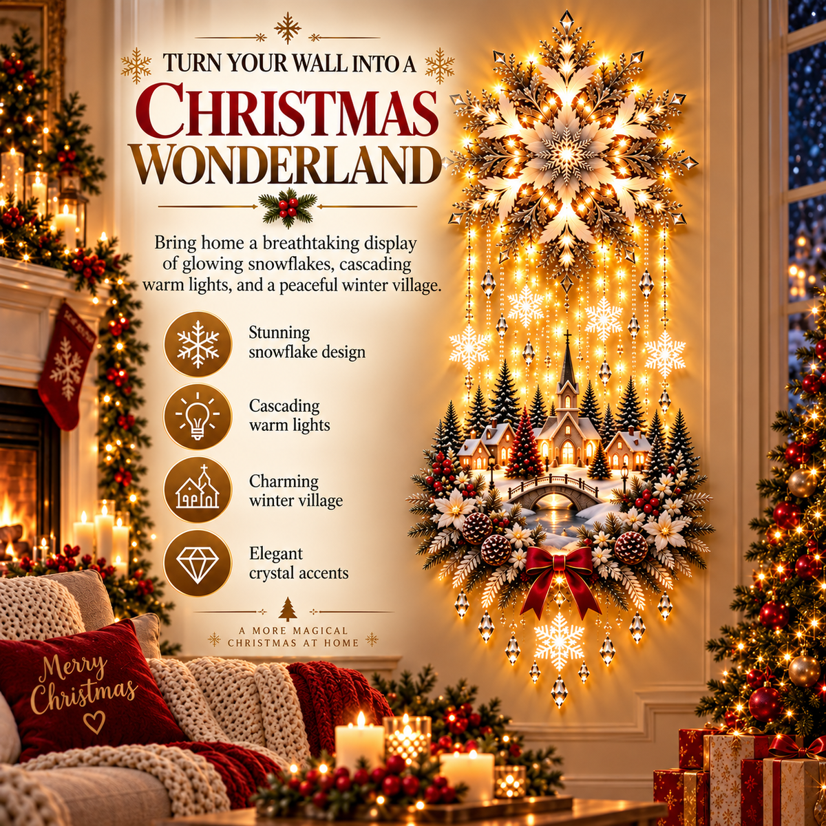 🎄 Christmas Snowflake Cascading Wall Light – Warm White Winter Village Decor ✨