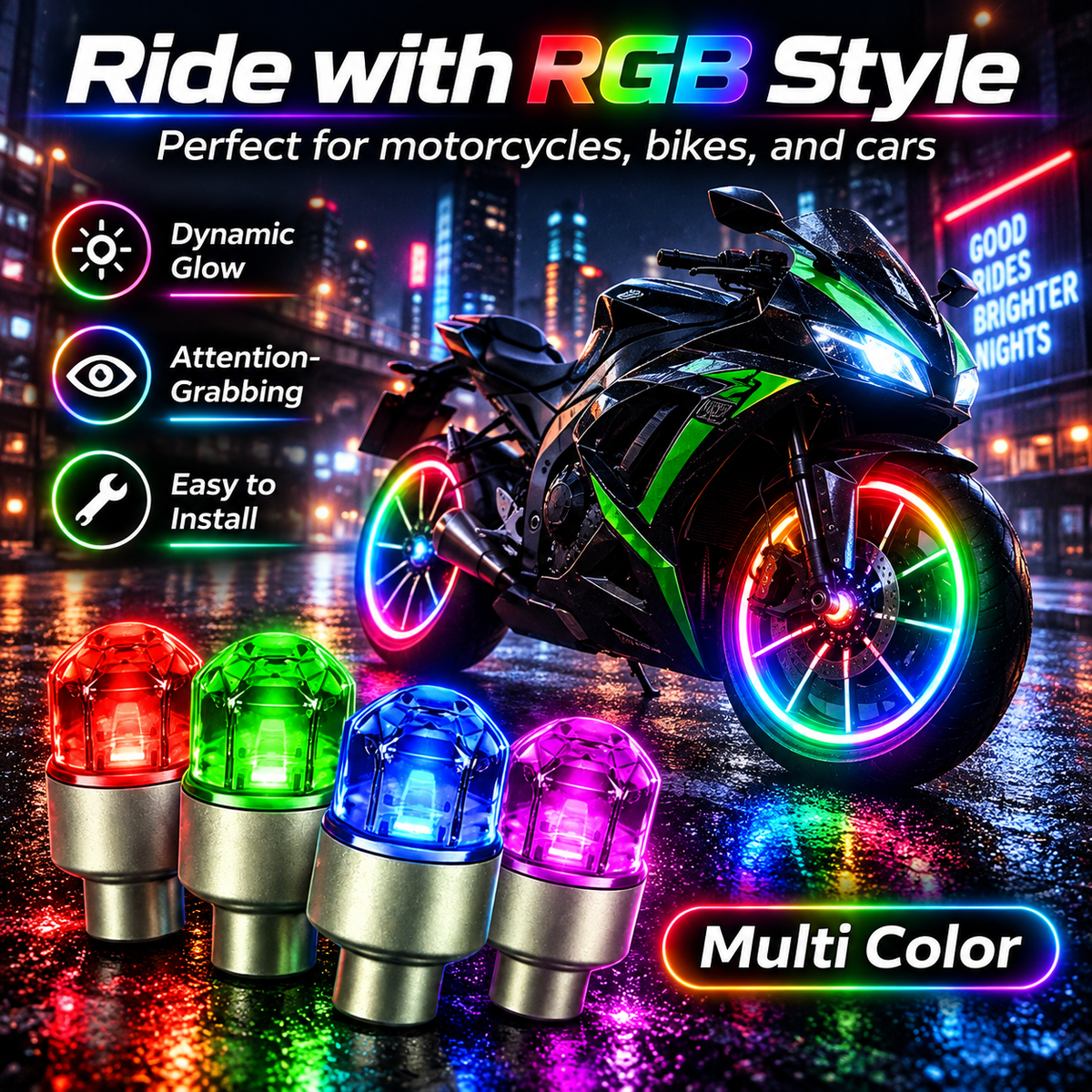 🔥Smart RGB Wheel Lights – Motion-Activated Night Glow for Cars, Motorcycles & Bikes🚲🌟