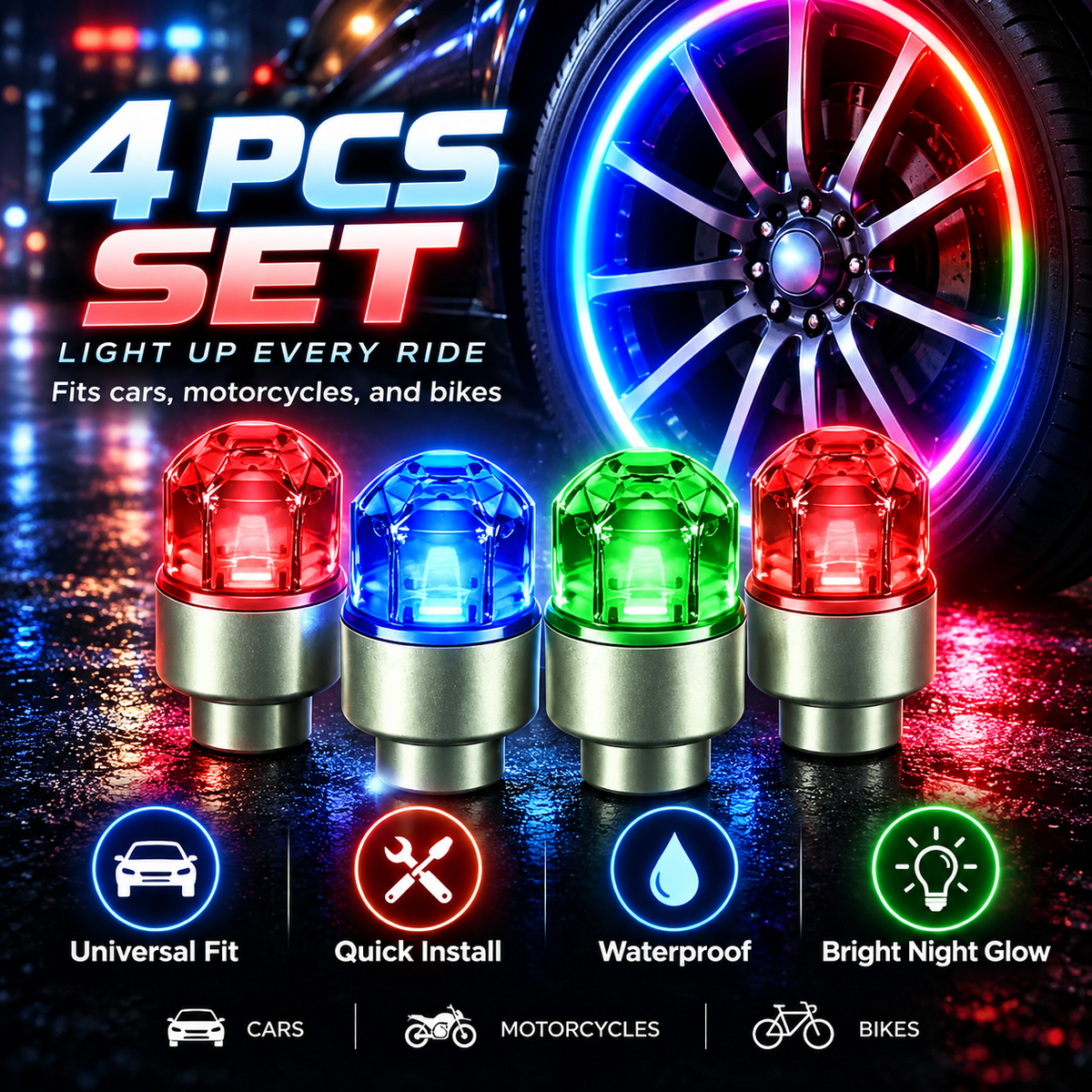 🔥Smart RGB Wheel Lights – Motion-Activated Night Glow for Cars, Motorcycles & Bikes🚲🌟