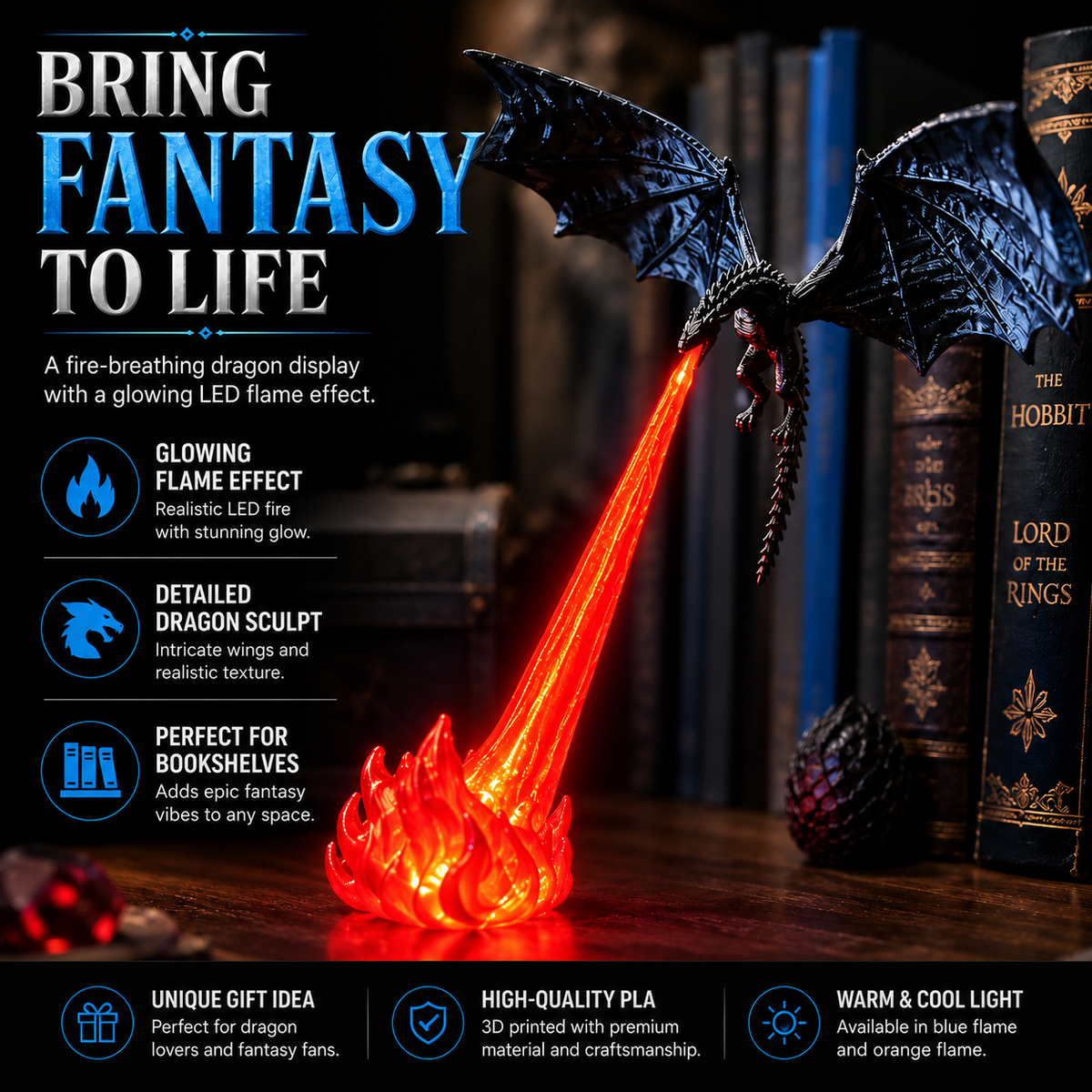 🐉 3D Dragon LED Book Nook Light 🔥 Magical Fantasy Shelf Decor