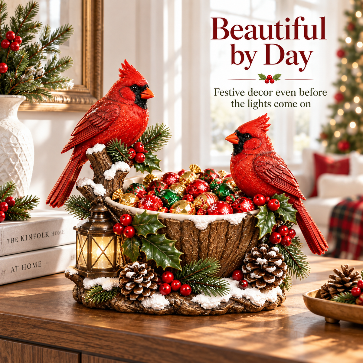 Cardinal Christmas Treat Bowl - lighted holiday tabletop decor image 2