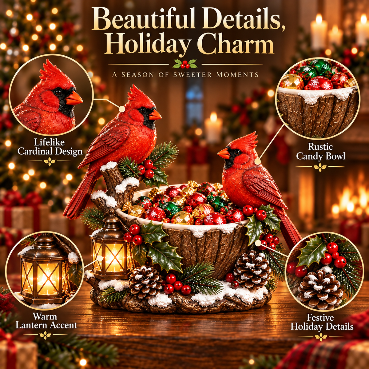 Cardinal Christmas Treat Bowl - lighted holiday tabletop decor image 3