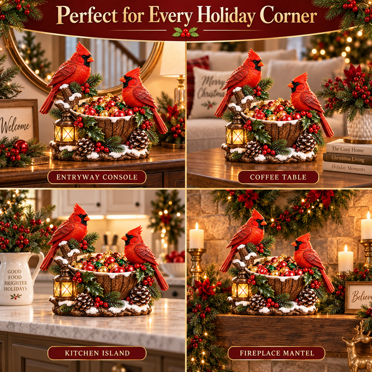 Cardinal Christmas Treat Bowl - lighted holiday tabletop decor image 4