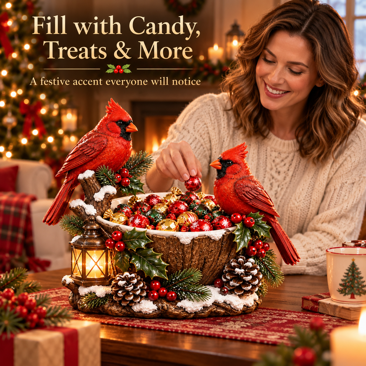 Cardinal Christmas Treat Bowl - lighted holiday tabletop decor image 6