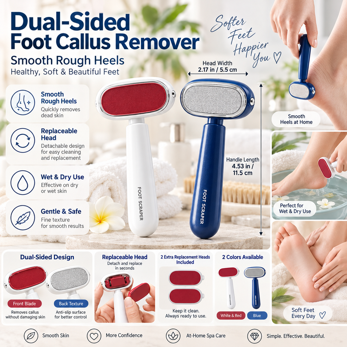 Dual-Sided Foot Callus Remover – Gentle Exfoliating Foot Care Tool with Replaceable Head for Smooth Heels