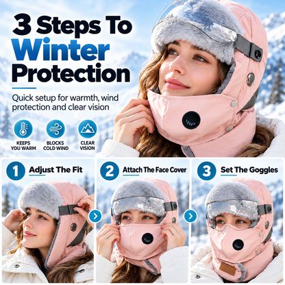 Winter Thermal Ushanka Hat with Detachable Face Mask and Goggles - 5-in-1 Windproof Cold Weather Gear