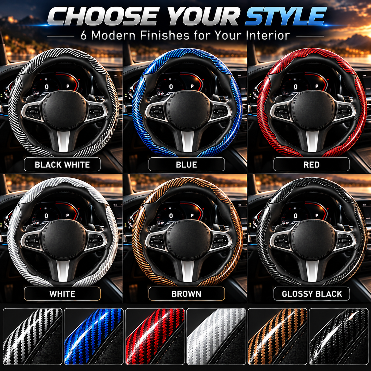 🏎️ Carbon Fiber-Style Steering Wheel Cover — Anti-Slip Car Steering Wheel Cover for 15-Inch Steering Wheels