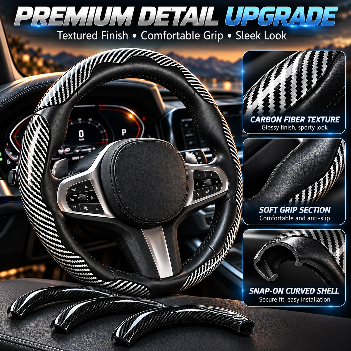 🏎️ Carbon Fiber-Style Steering Wheel Cover — Anti-Slip Car Steering Wheel Cover for 15-Inch Steering Wheels