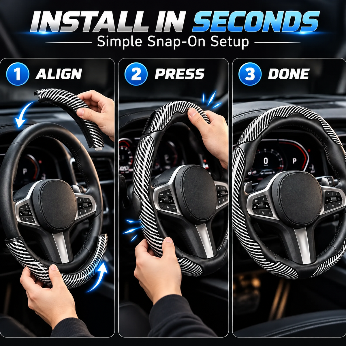 🏎️ Carbon Fiber-Style Steering Wheel Cover — Anti-Slip Car Steering Wheel Cover for 15-Inch Steering Wheels