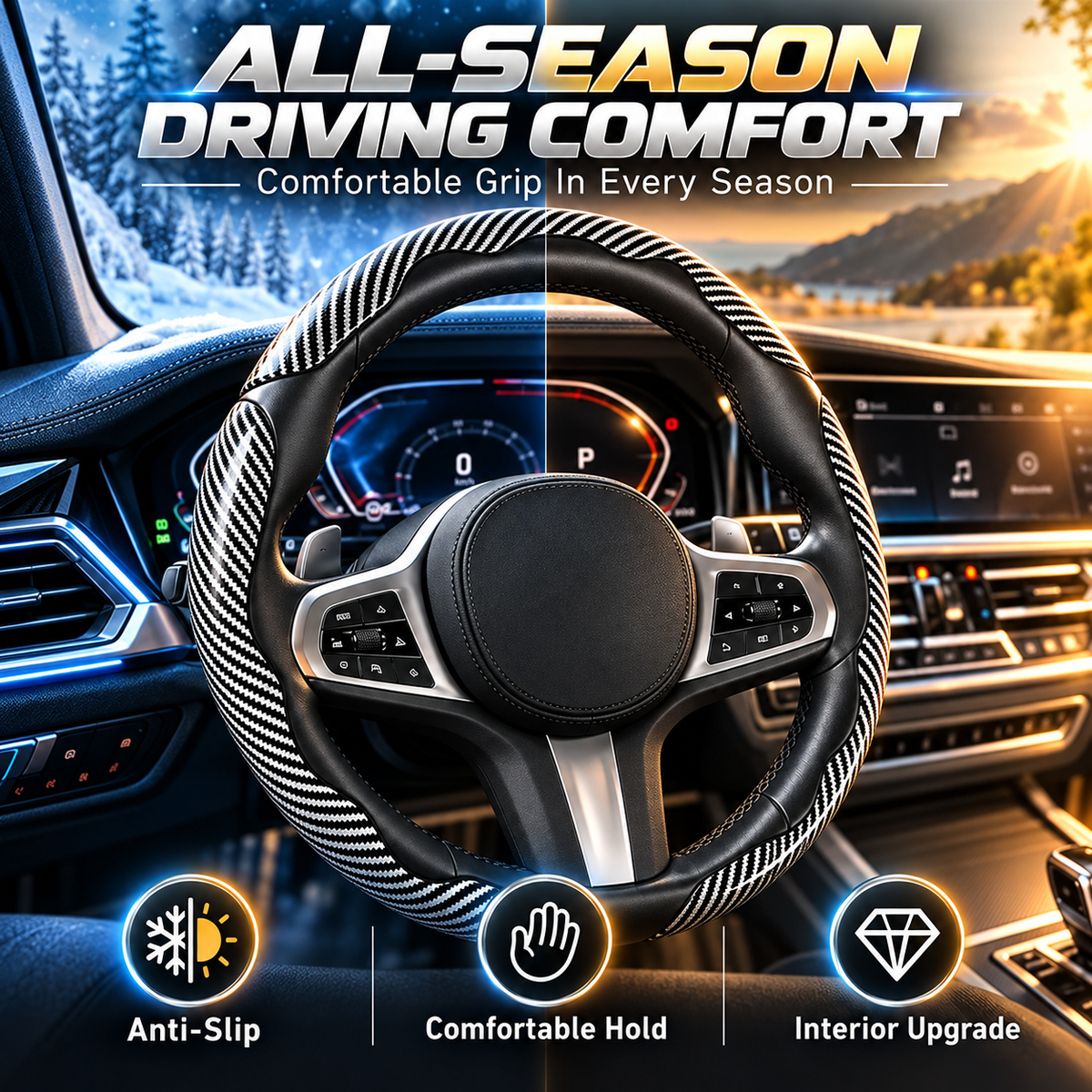 🏎️ Carbon Fiber-Style Steering Wheel Cover — Anti-Slip Car Steering Wheel Cover for 15-Inch Steering Wheels