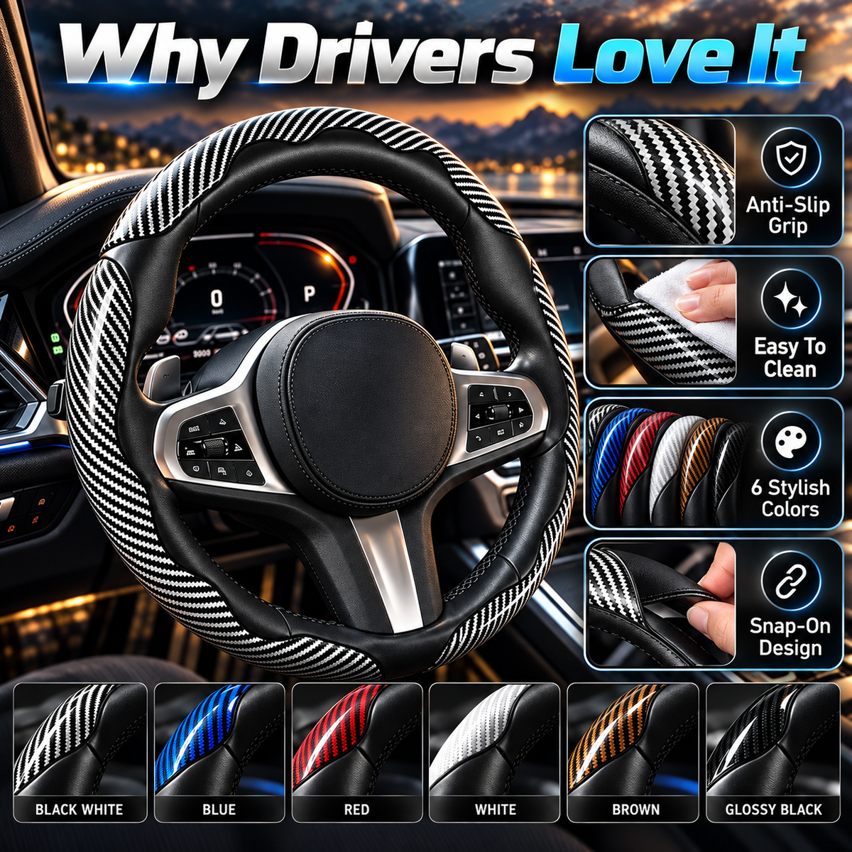 🏎️ Carbon Fiber-Style Steering Wheel Cover — Anti-Slip Car Steering Wheel Cover for 15-Inch Steering Wheels