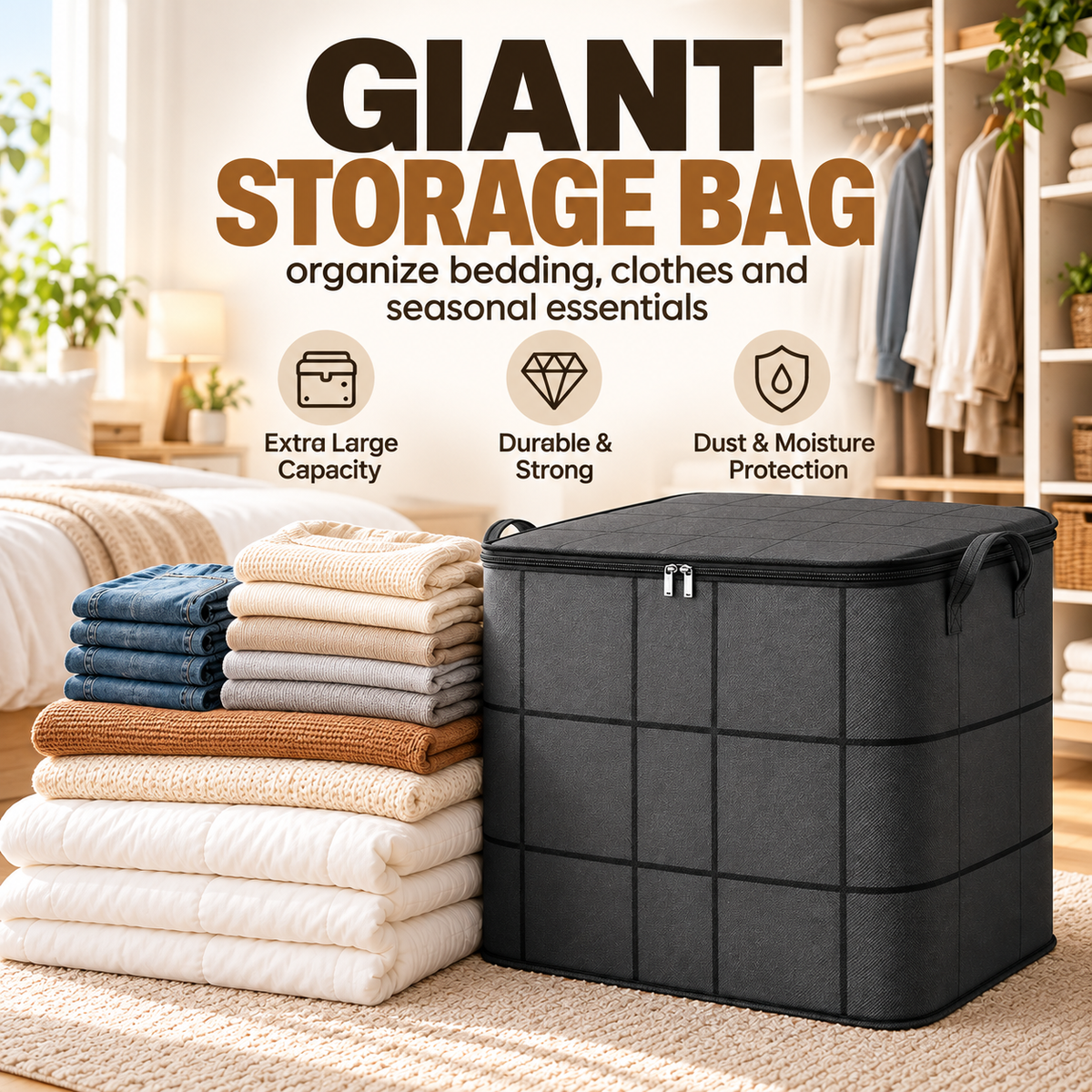📦 Giant Foldable Storage Bag – Large Capacity Organizer for Bedding, Clothes & Blankets 🌟