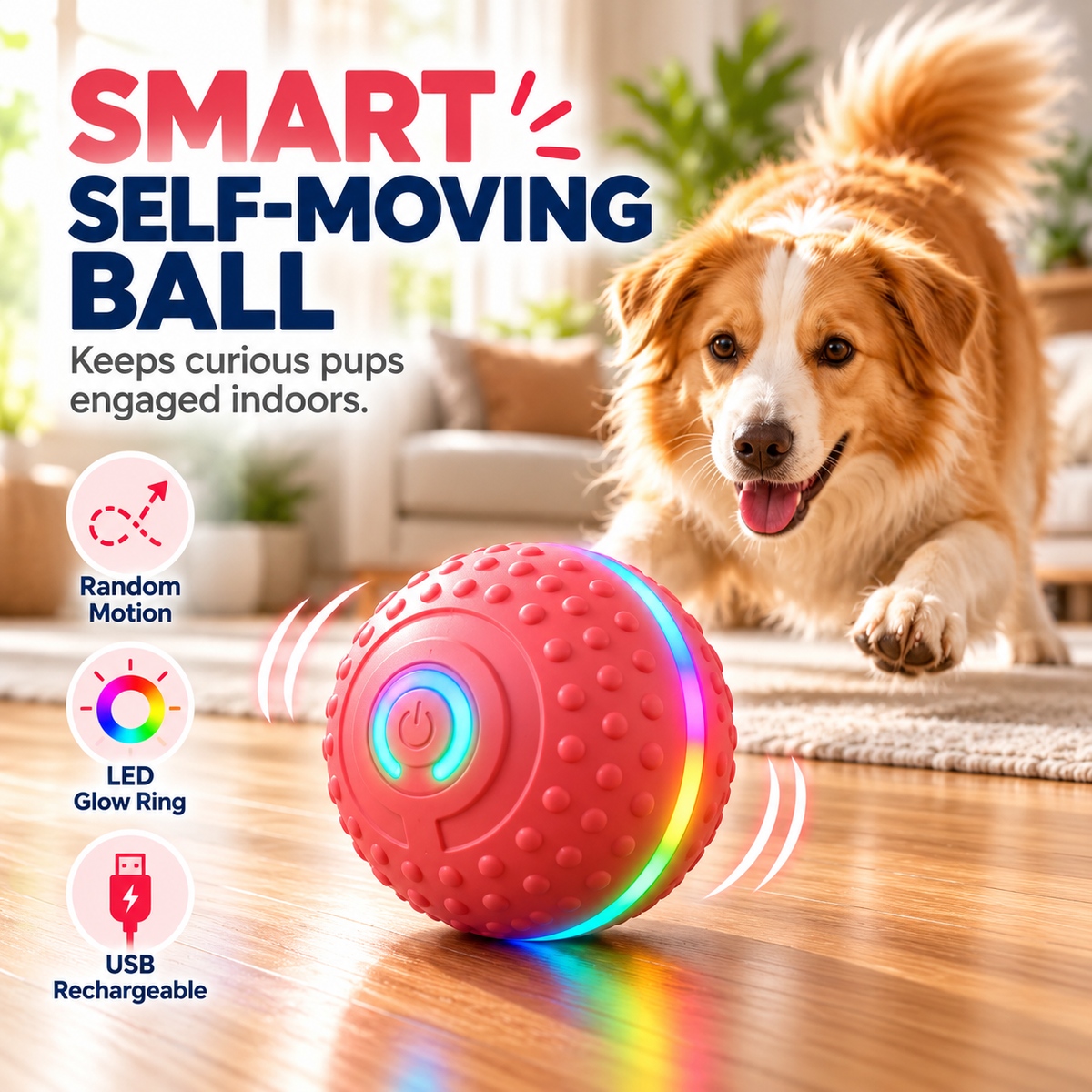 Self-Moving Interactive Dog Ball – USB Rechargeable Pet Toy