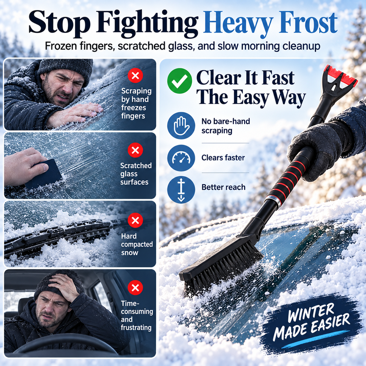 🚗Extendable Car Snow Brush & Ice Scraper – 2-in-1 Winter Windshield Cleaning Tool