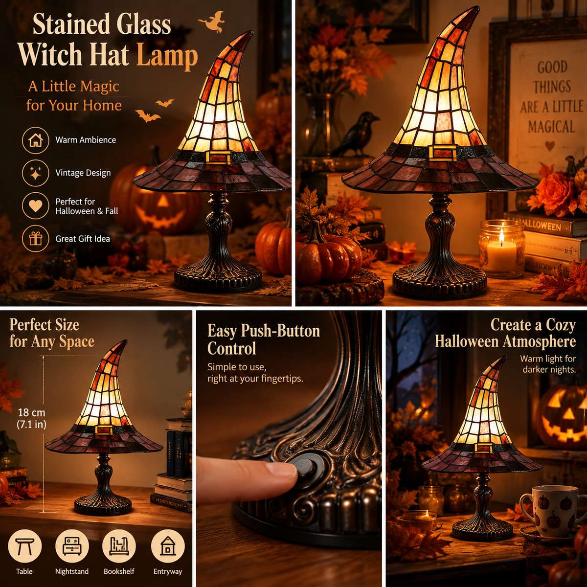 🔥 🎃 Vintage Stained Glass Witch Hat Table Lamp - Plug-In Cozy Warm Light for Autumn & Halloween Decor