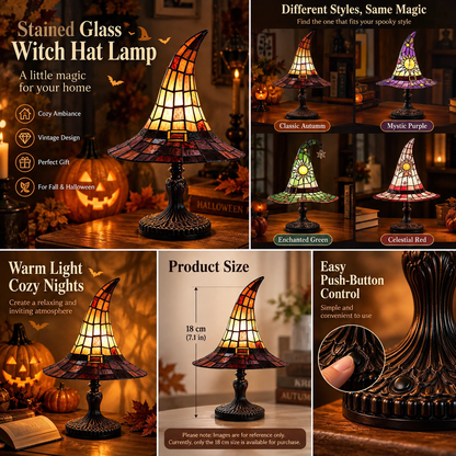 🔥 🎃 Vintage Stained Glass Witch Hat Table Lamp - Plug-In Cozy Warm Light for Autumn & Halloween Decor