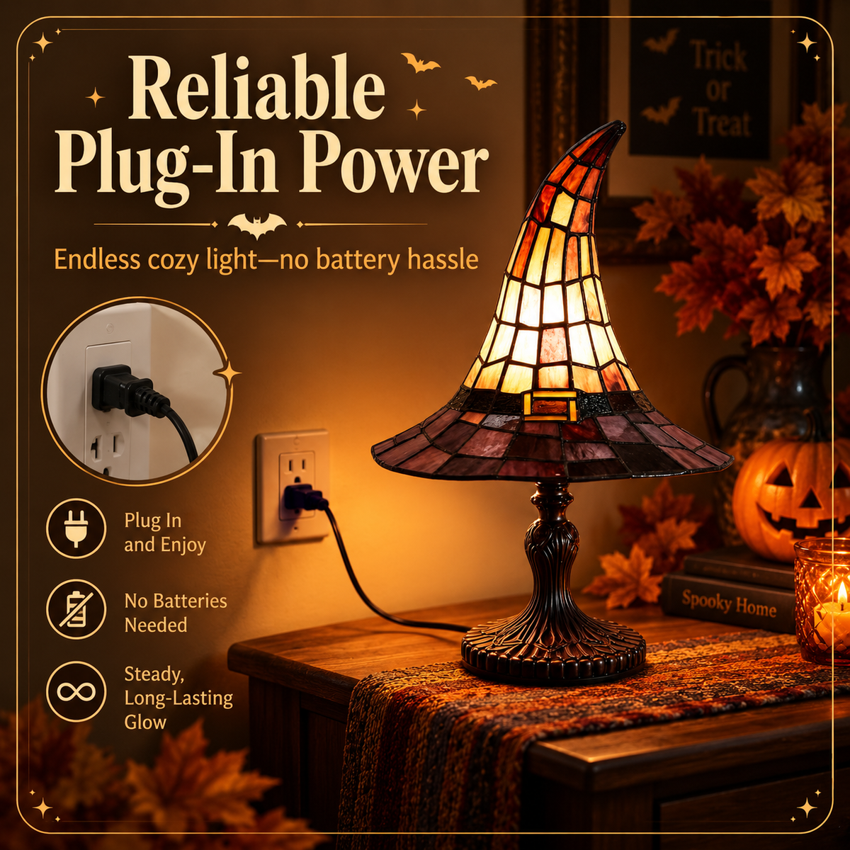 🔥 🎃 Vintage Stained Glass Witch Hat Table Lamp - Plug-In Cozy Warm Light for Autumn & Halloween Decor