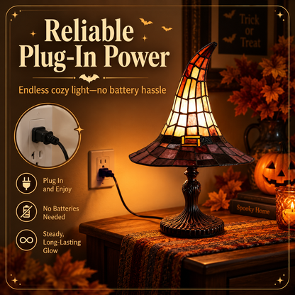 🔥 🎃 Vintage Stained Glass Witch Hat Table Lamp - Plug-In Cozy Warm Light for Autumn & Halloween Decor