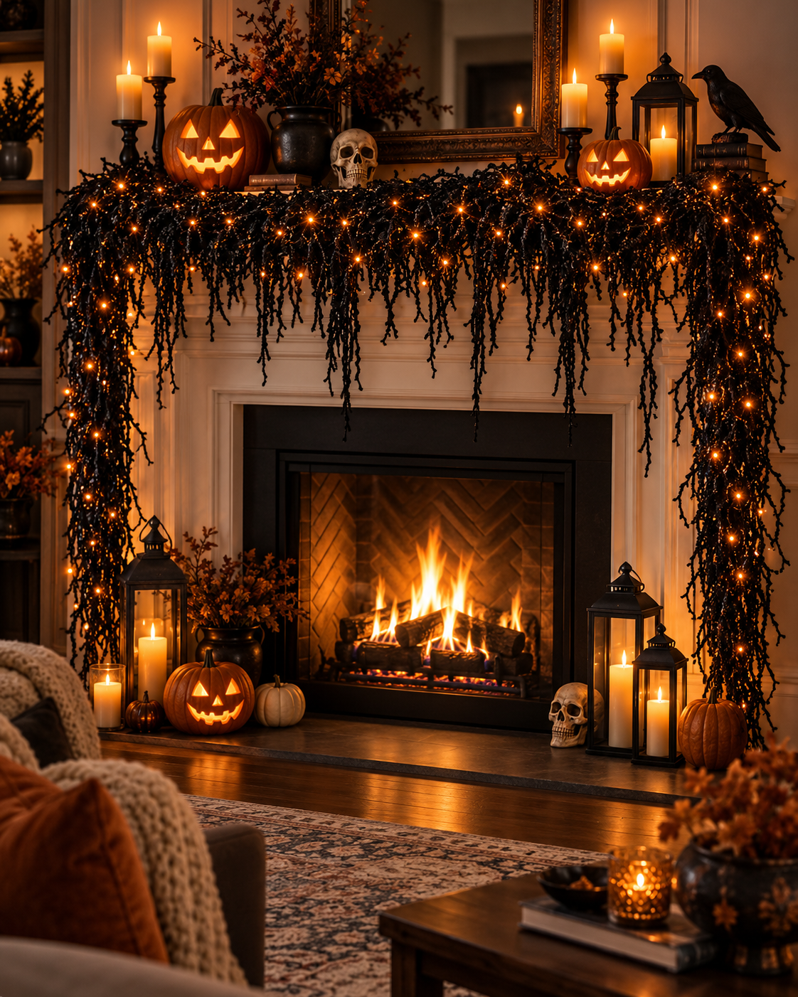 🎃Halloween Fireplace Decor Set with LED Lights – Black Vine Garland for Mantel, Door Frame, Window & Spooky Party Decor👻