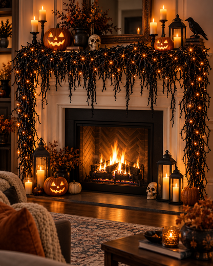🎃Halloween Fireplace Decor Set with LED Lights – Black Vine Garland for Mantel, Door Frame, Window & Spooky Party Decor👻
