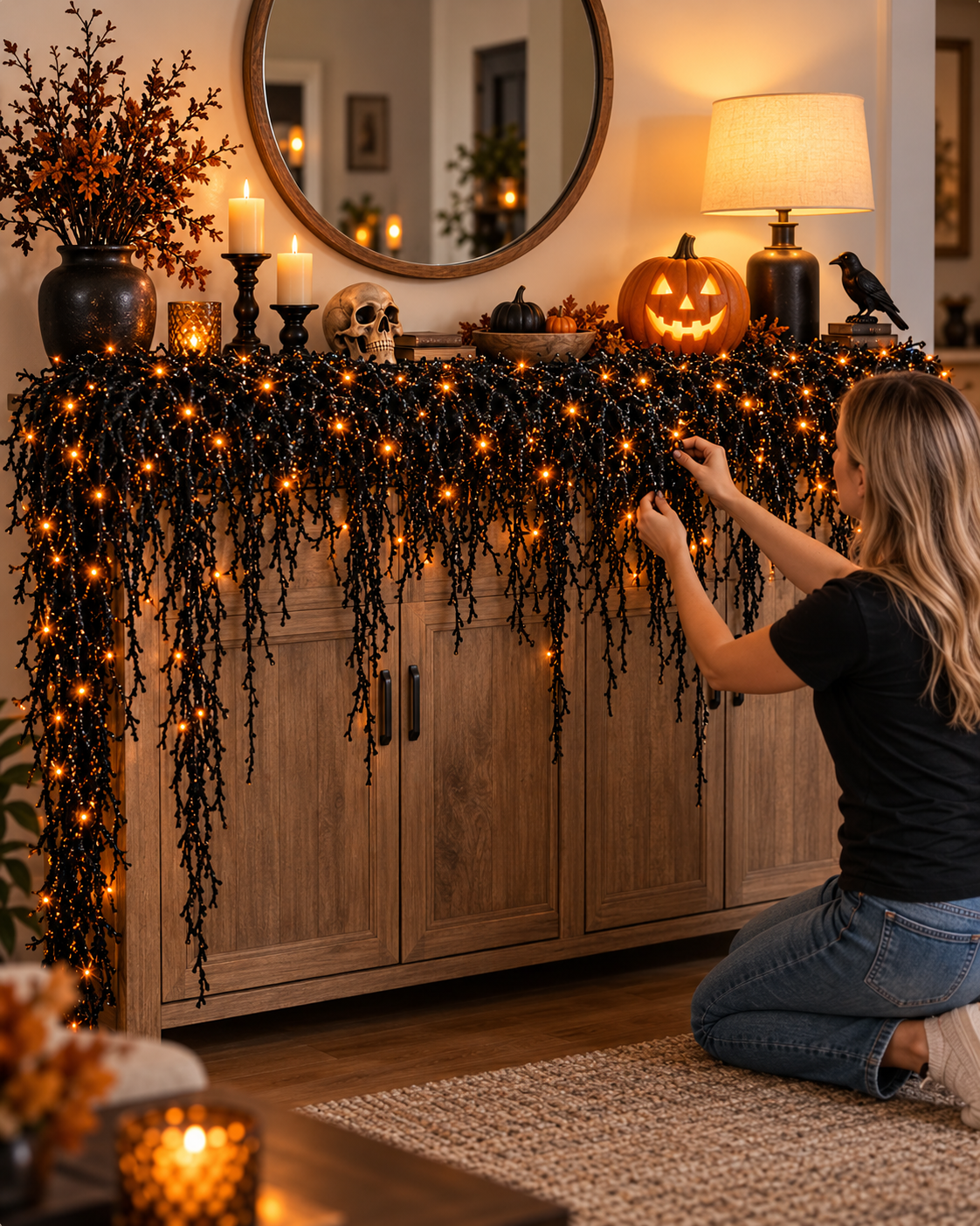 🎃Halloween Fireplace Decor Set with LED Lights – Black Vine Garland for Mantel, Door Frame, Window & Spooky Party Decor👻