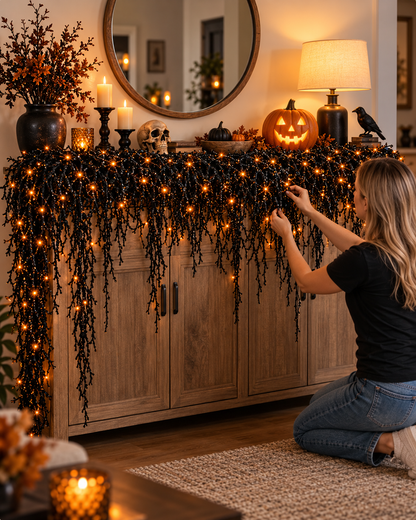 🎃Halloween Fireplace Decor Set with LED Lights – Black Vine Garland for Mantel, Door Frame, Window & Spooky Party Decor👻