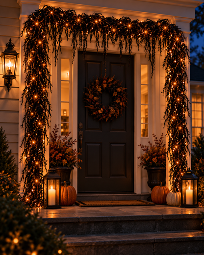 🎃Halloween Fireplace Decor Set with LED Lights – Black Vine Garland for Mantel, Door Frame, Window & Spooky Party Decor👻