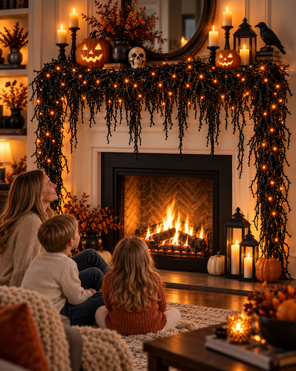 🎃Halloween Fireplace Decor Set with LED Lights – Black Vine Garland for Mantel, Door Frame, Window & Spooky Party Decor👻