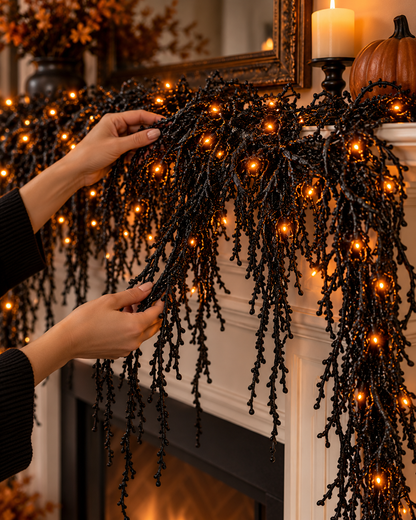 🎃Halloween Fireplace Decor Set with LED Lights – Black Vine Garland for Mantel, Door Frame, Window & Spooky Party Decor👻