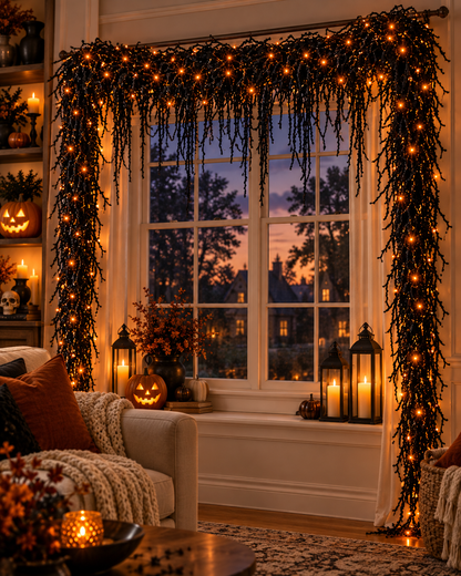🎃Halloween Fireplace Decor Set with LED Lights – Black Vine Garland for Mantel, Door Frame, Window & Spooky Party Decor👻