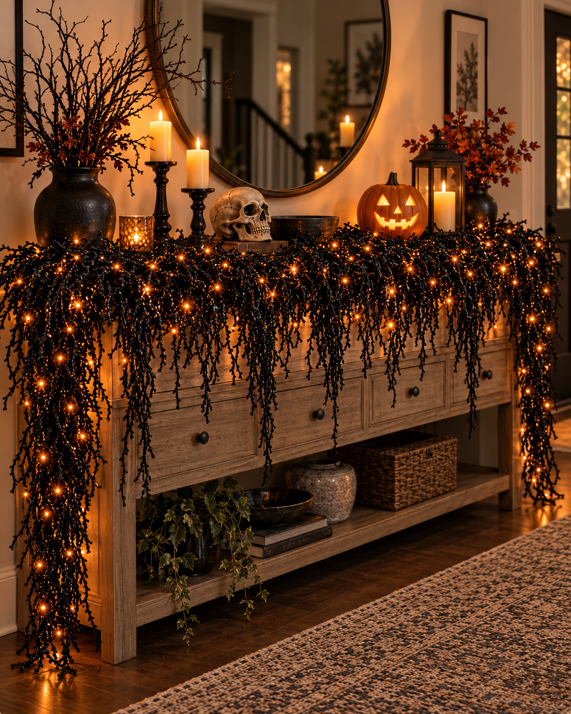 🎃Halloween Fireplace Decor Set with LED Lights – Black Vine Garland for Mantel, Door Frame, Window & Spooky Party Decor👻
