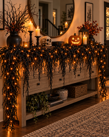 🎃Halloween Fireplace Decor Set with LED Lights – Black Vine Garland for Mantel, Door Frame, Window & Spooky Party Decor👻
