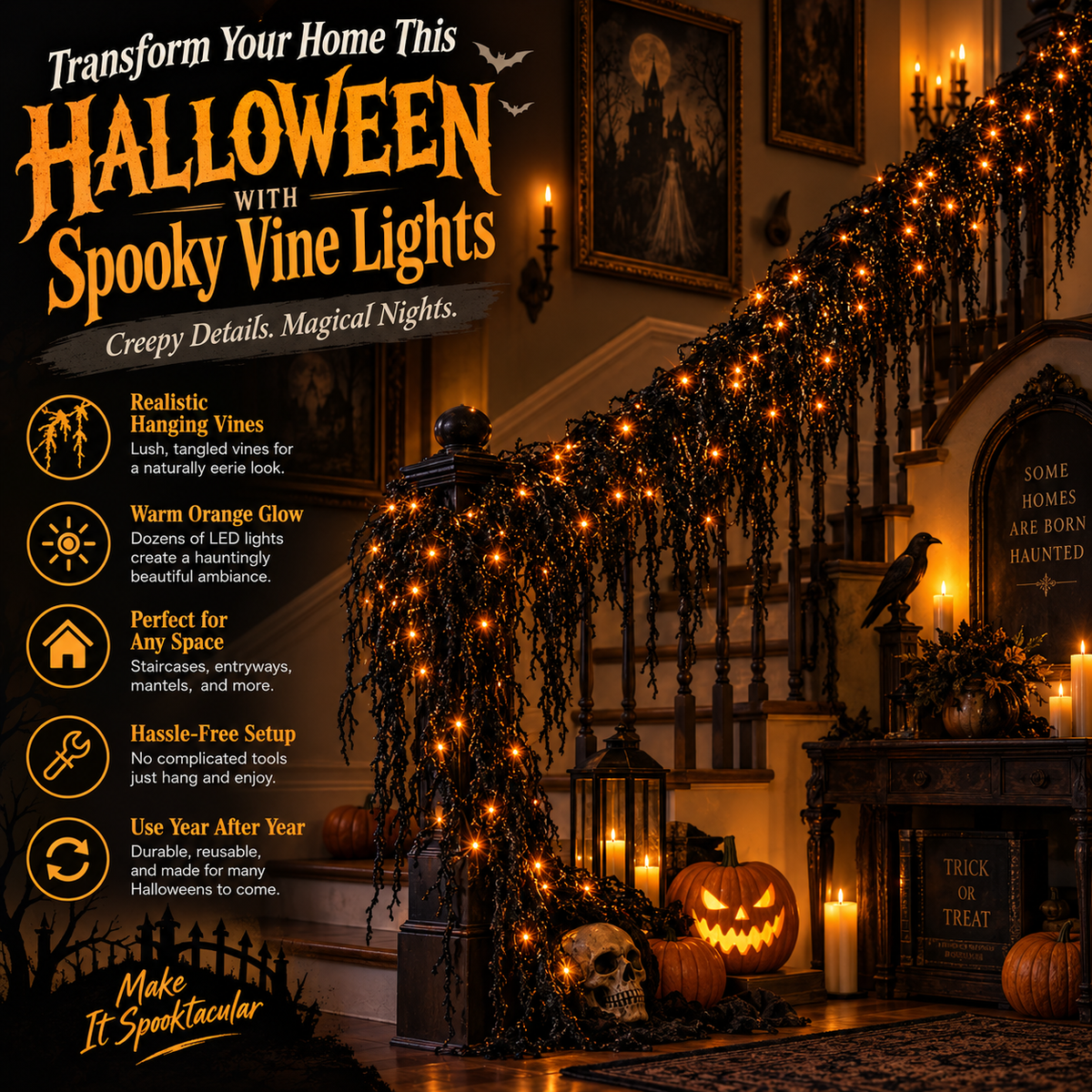 🎃Halloween Fireplace Decor Set with LED Lights – Black Vine Garland for Mantel, Door Frame, Window & Spooky Party Decor👻